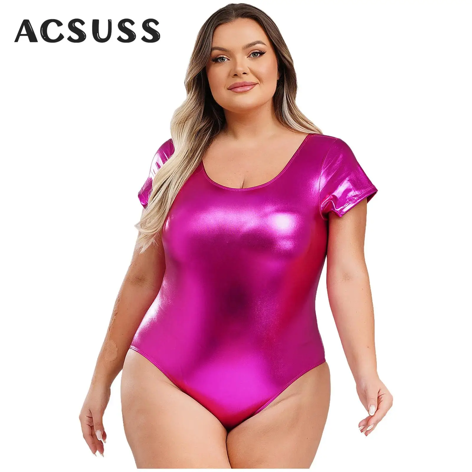 Womens Metallic Shiny Swimsuit Patent Leather Bodysuit Short Sleeve Ballet Dance Gymnastics Yoga Leotard Party Night Clubwear