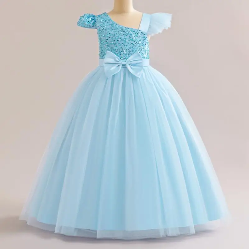 

Summer New Youth Girls Flying Sleeves Sequin Bow Tie Irregular Collar Long Mesh Fluffy Dress School Graduation Ceremony Dress