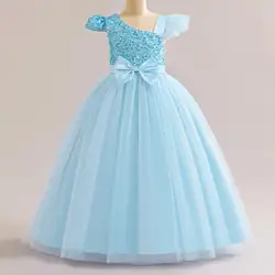 Summer New Youth Girls Flying Sleeves Sequin Bow Tie Irregular Collar Long Mesh Fluffy Dress School Graduation Ceremony Dress