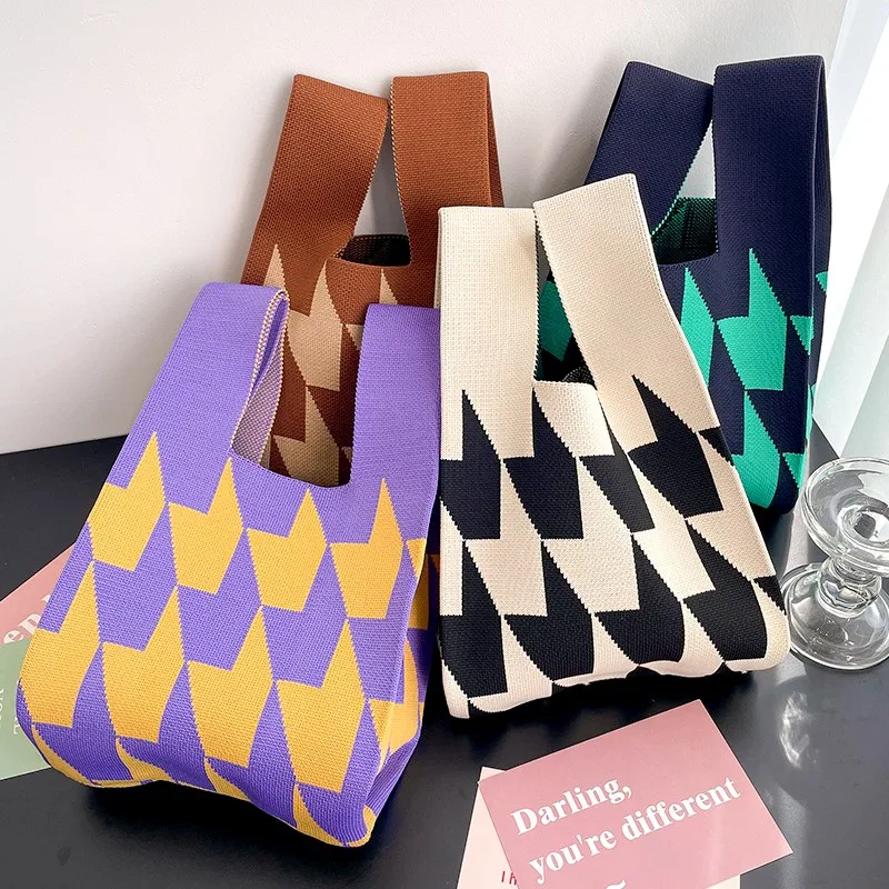 

Handmade Knitted Handbag Women Mini Knot Wrist Bag Japanese Casual Color Knitted Plaid Tote Bag Girls Reusable Shopping Bags