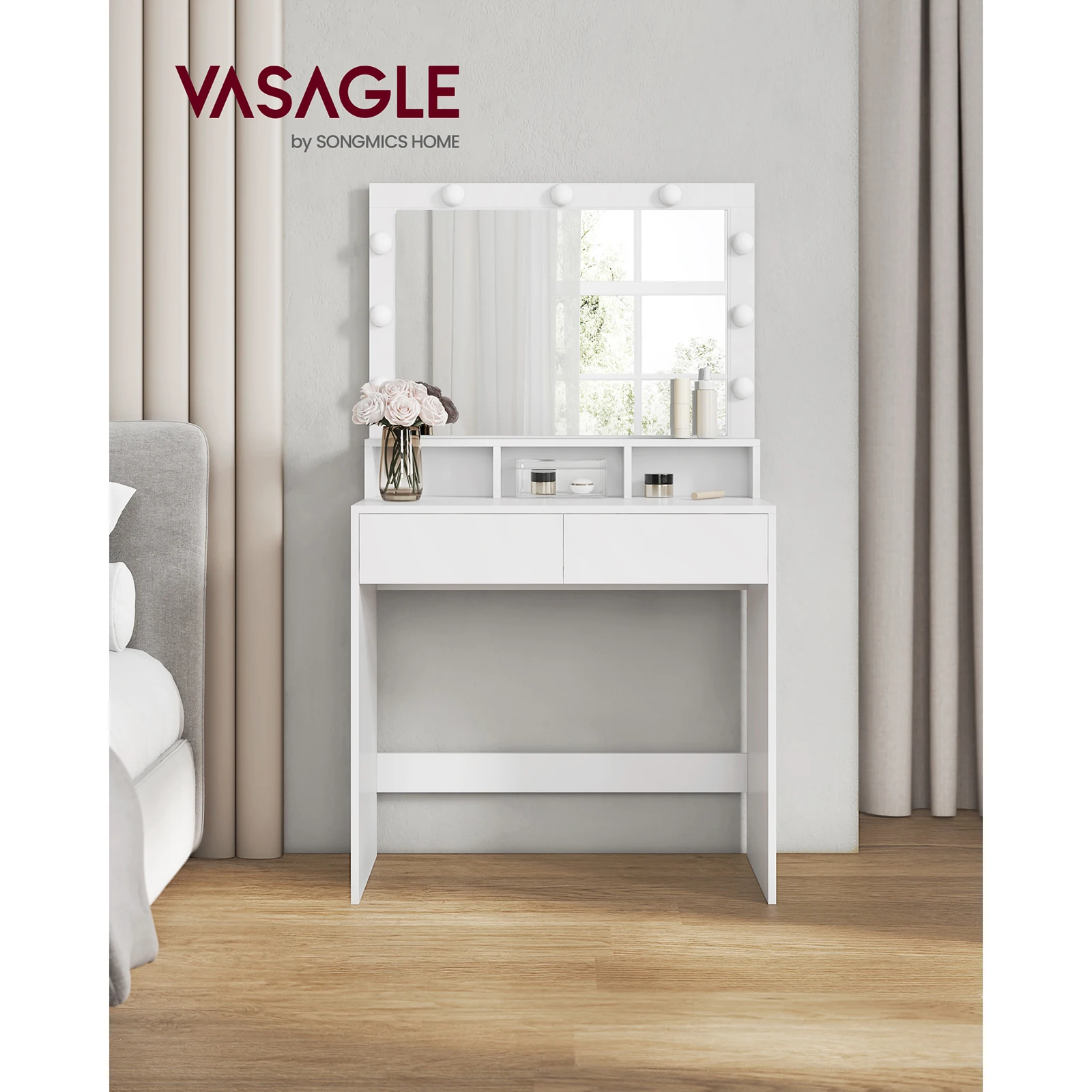 VASAGLE Tocador Moderno Blanco con Espejo, Luces LED de Brillo Ajustable, 2 Cajones y 3 Compartimentos