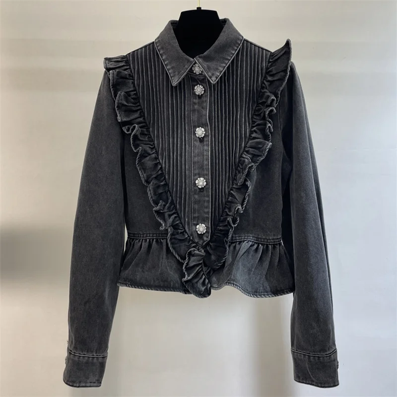 Women's shirt 2024 autumn New Lotus leaf edge slim pure cotton denim shirt Fashion button decoration long sleeved top y2k Blouse