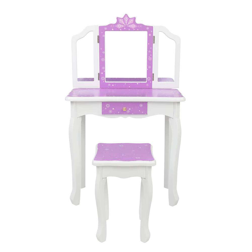 

Children's Wooden Dressing Table Three-Sided Folding Mirror Dressing Table Chair Single Drawer Purple Snowflake Style