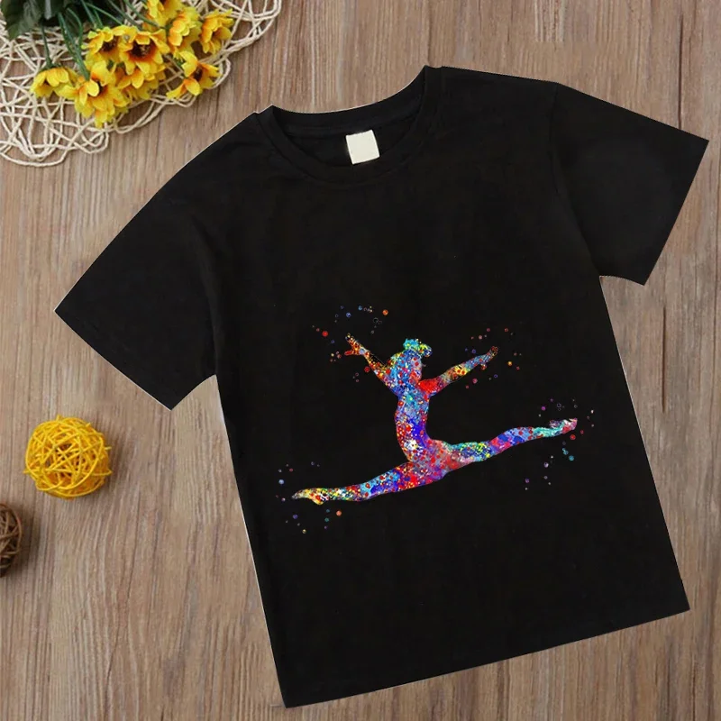 Watercolor Gymnastics T Shirt New Kids Girl Tshirt Kawaii gymnastics art Top Tee Fashion Children Clothes Cartoon Black T-shirts