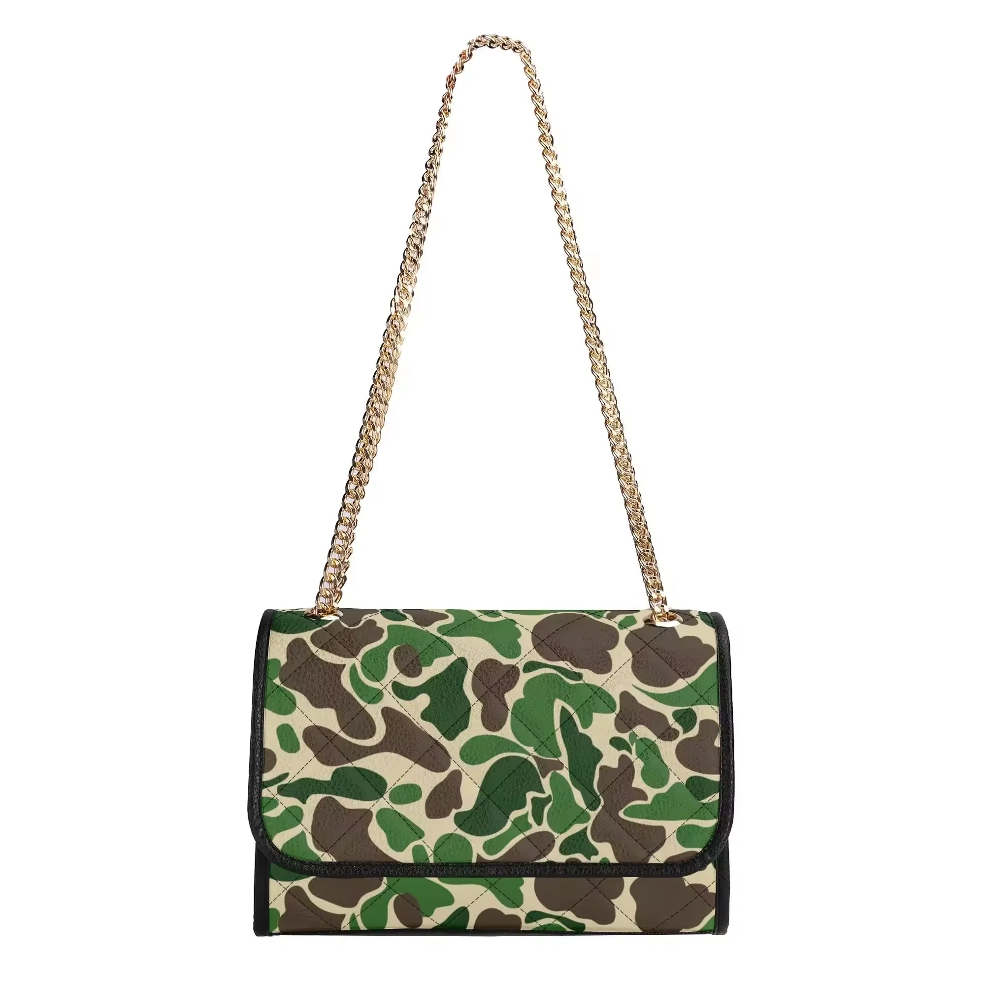 Women Green Camo Quilted Shoulder Bag Gold Chain Strap Crossbody Purse Ladies Classic Camouflage Flap Handbag for Daily Party