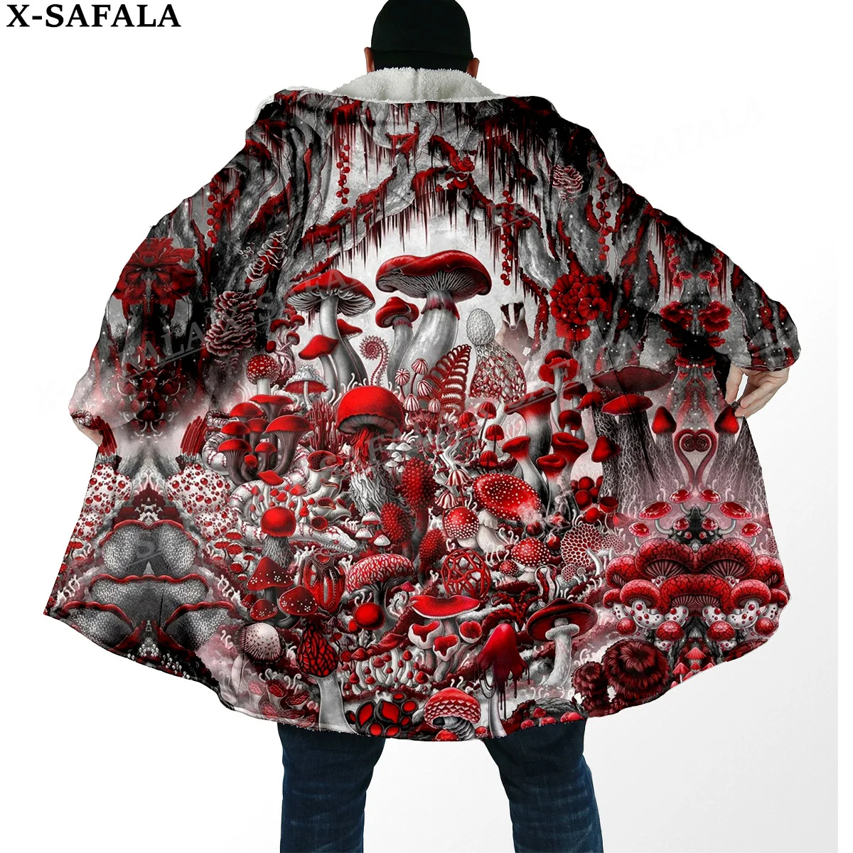 Gothic Mushrooms Psychedelic Trippy Print Thick Warm Hooded Cloak Men Overcoat Coat Windproof Fleece Cape Robe Hooded Blanket-5