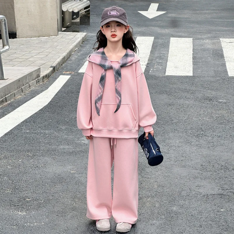 Kids Clothing Suit Spring Autumn Teenager Girls Plaid Hooded Sweatshirt + Sweatpants 2pcs Tracksuit Student Children Clothes Set