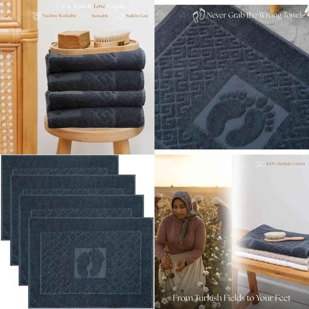 

4-Pack Turkish Cotton Bath Mats - Quick Dry, Machine Washable, Absorbent, Soft with Feet Design - Hotel & Spa Quality, 20x27.5,