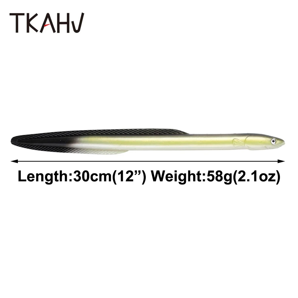 TKAHV 2 PCS 30cm 58g Vivid Artificial Eel Soft Fishing Lure Plastic Needfish Bait Silicone Carp Jig Bass Pike Trolling Swimbait