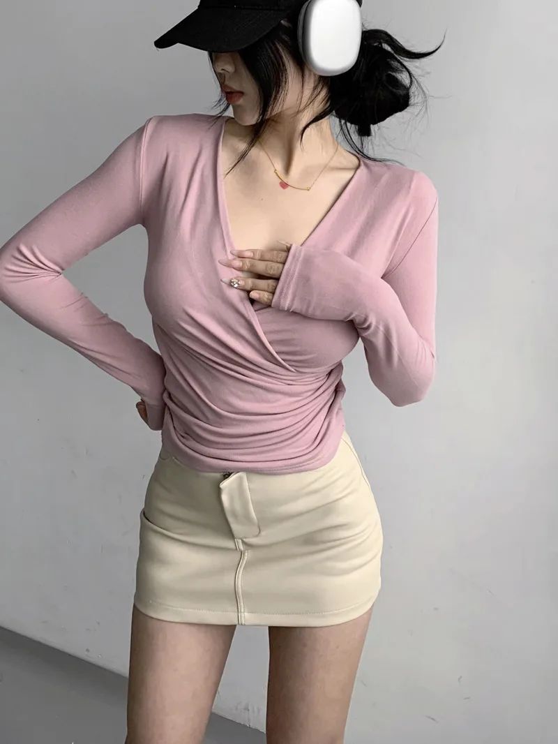 European American Sexy Spicy Girl V-neck Beveled Edge Folded Cross Slim T-shirt Women Waist Cinching Long Sleeved Solid Top D560