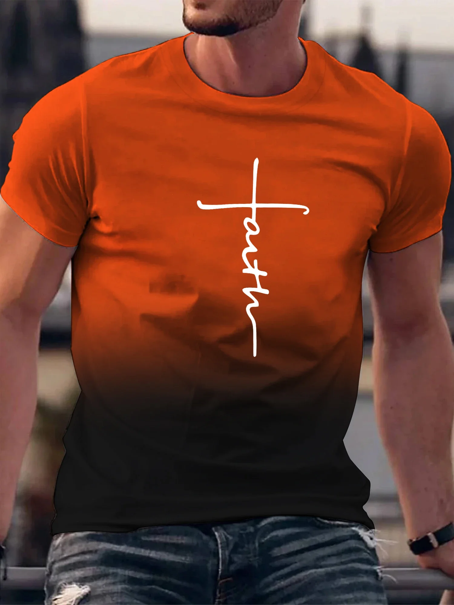 FAITH T-shirt Men's Gradient Color And Alphabet Print With Crew Neck Short Sleeve Casual Trendy Tops Suitable For Summer