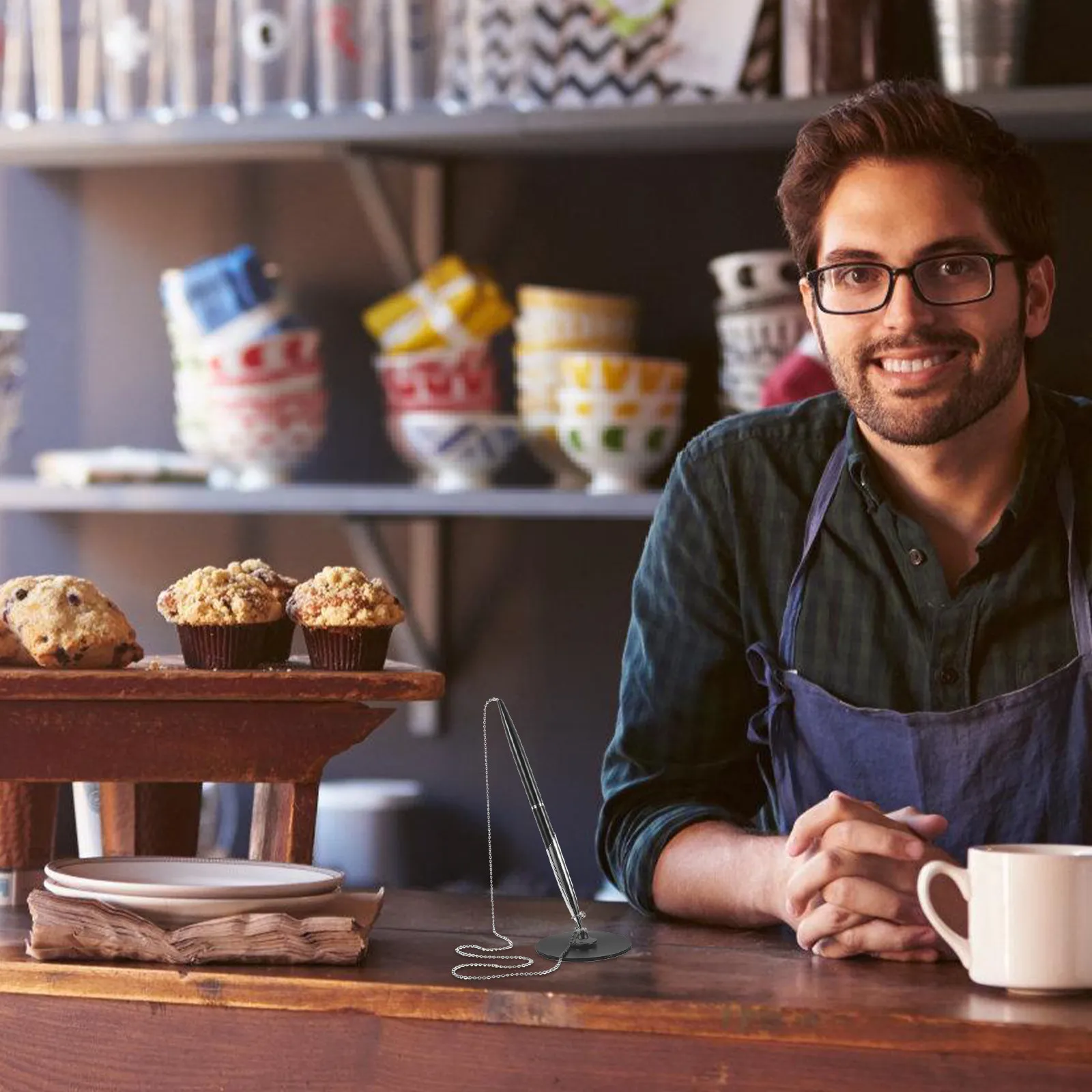 

1Set Desktop Signature Pen with Chain Metal Construction Ergonomic Grip Smooth Ink Flow Vertical Table Pen for Office Business