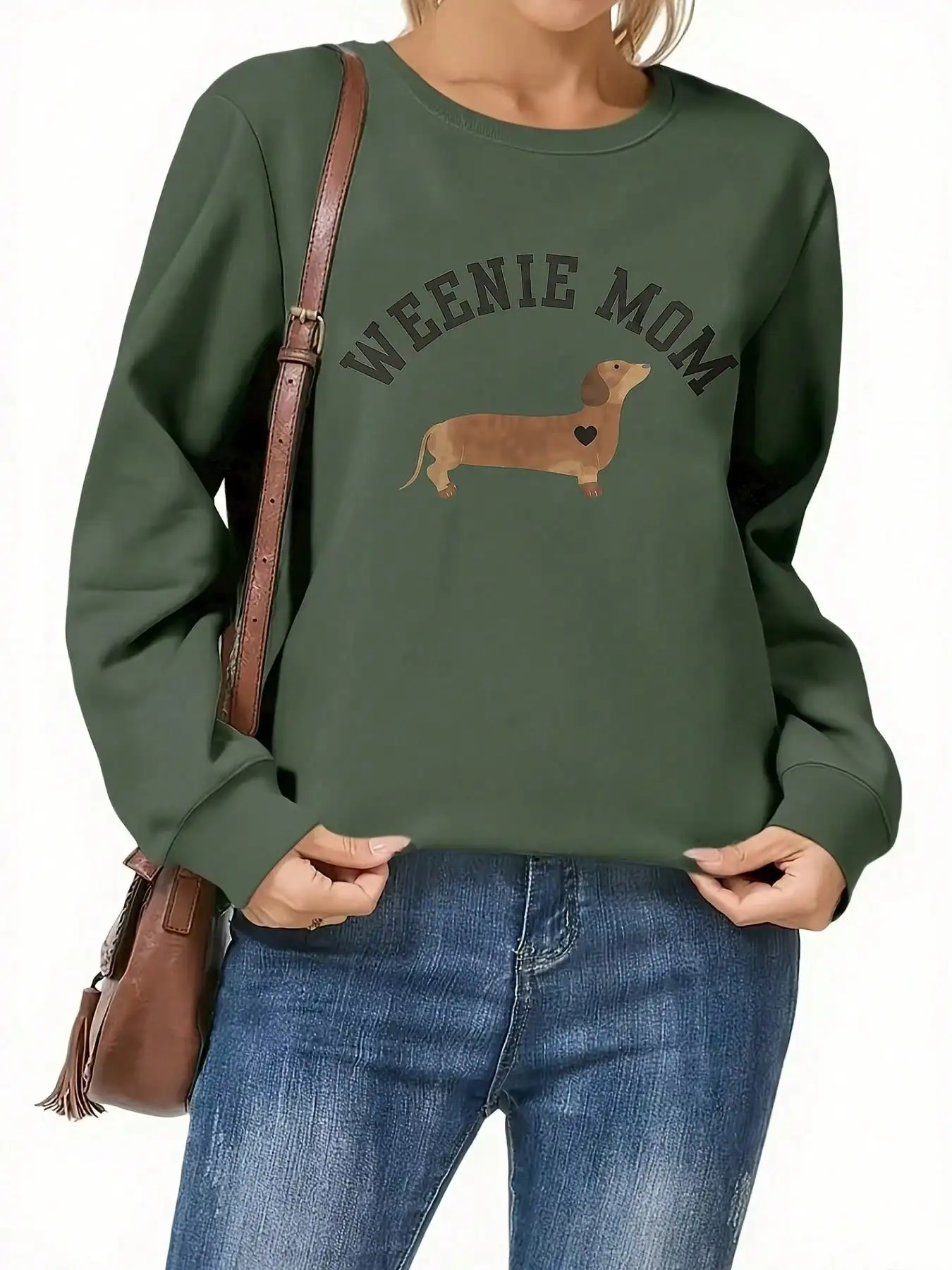 เสื้อสเวตเชิ้ตลายกราฟิก Weenie Mom Dachshund สำหรับผู้หญิง - สีเขียว ทรงหลวม คอกลม แขนยาว สำหรับฤดูใบไม้ผลิและฤดูใบไม้ร่วง