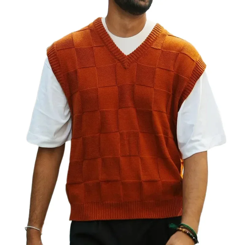 

2024 Spring Summer New Men's Clothing Sweater Vest V-neck Sleeveless Plaid Knitted Pullover