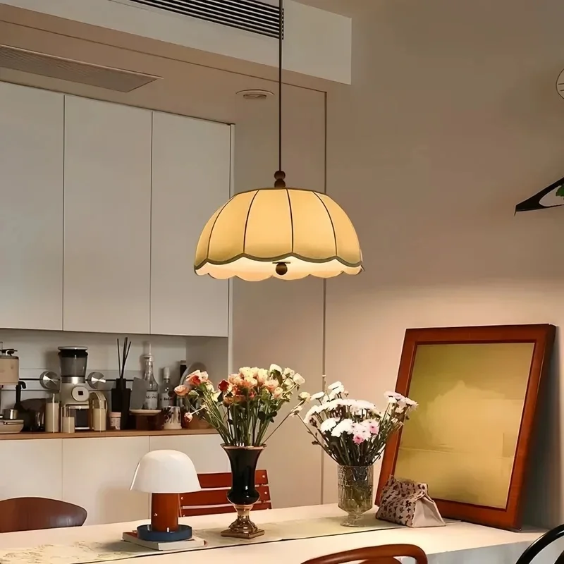 Vintage Fabric Pendant Light Cloth Lampshade Adjustable Wire Ceiling Hanging Lamp Cream Style Pendant