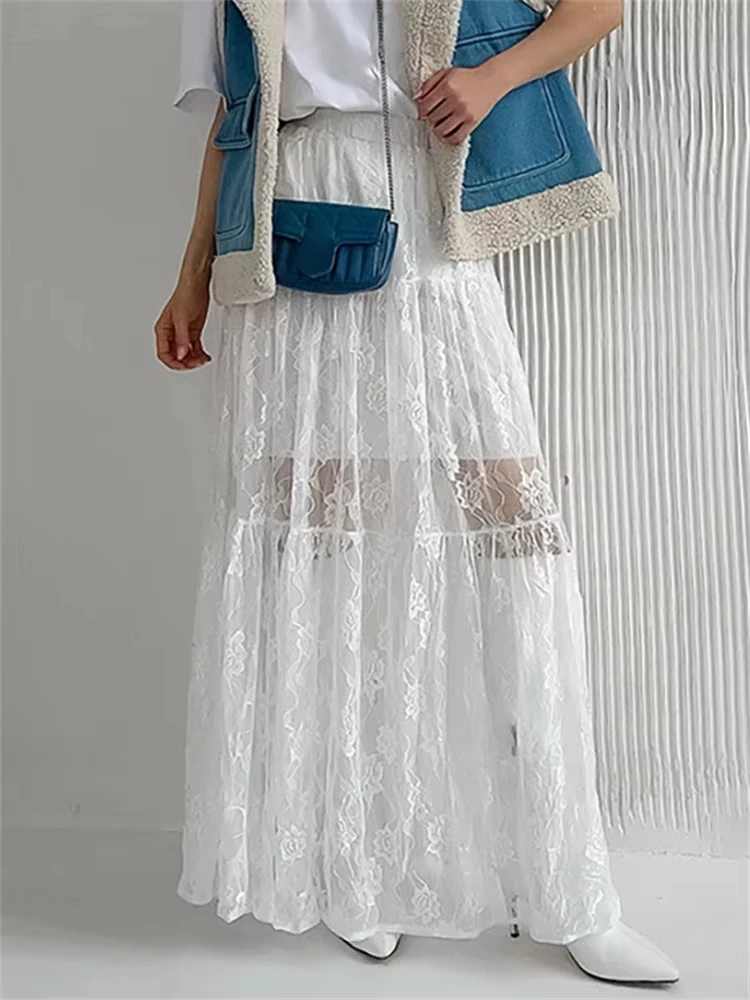 White Printed Lace Maxi Skirt For Women High Waist Fashion See-Through Patchwork Summer 2024 Fashion Ladies Long Skirt New