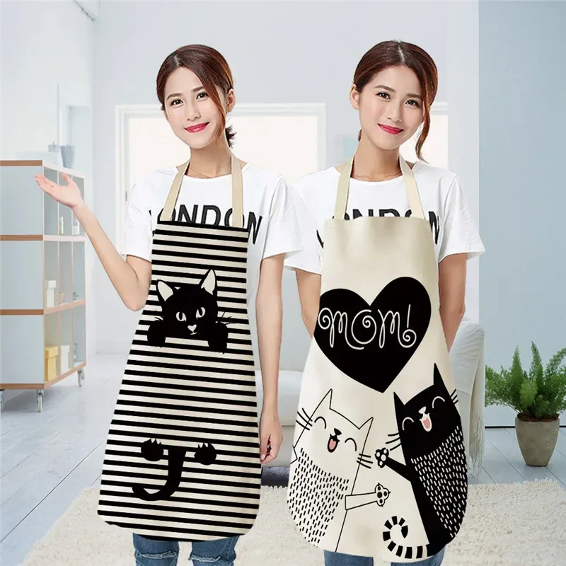 Kids Aprons Kitchen Aprons Cute Cat Pattern Women Adult Kids Black White Cartoon Cat Linen Bibs Home Cooking Cooking Accessories