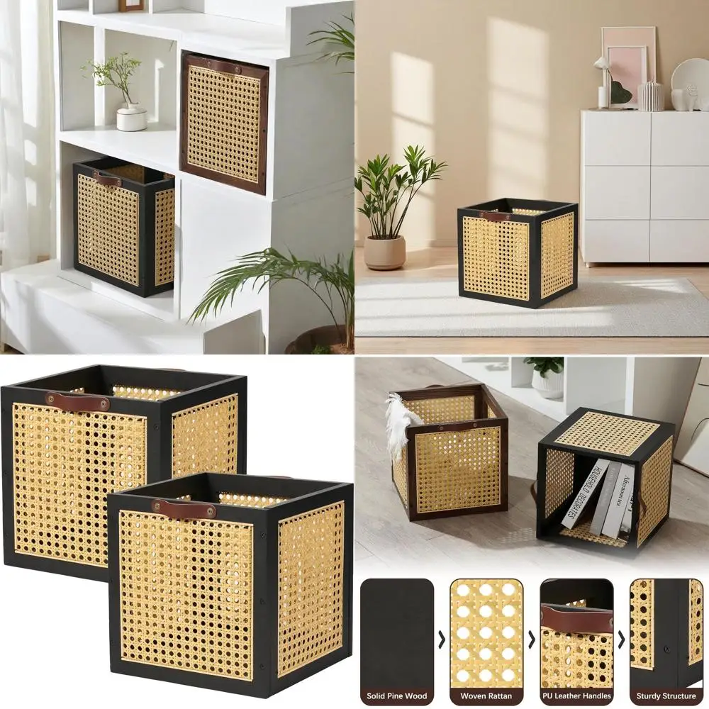 

Кубики для хранения из ротанга, деревянные корзины, натуральный богемный плетеный органайзер для ящиков для шкафа, книг и журналов (черный)