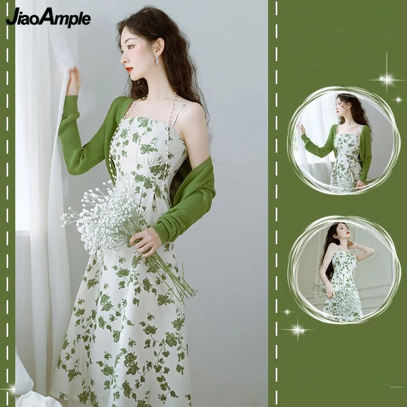 

Women Summer Chic Green Dress 2023 Korean Lady Graceful Print Camisole Dress Knit Shirt 2 Piece Set Sunscreen Tops Dresses Suits