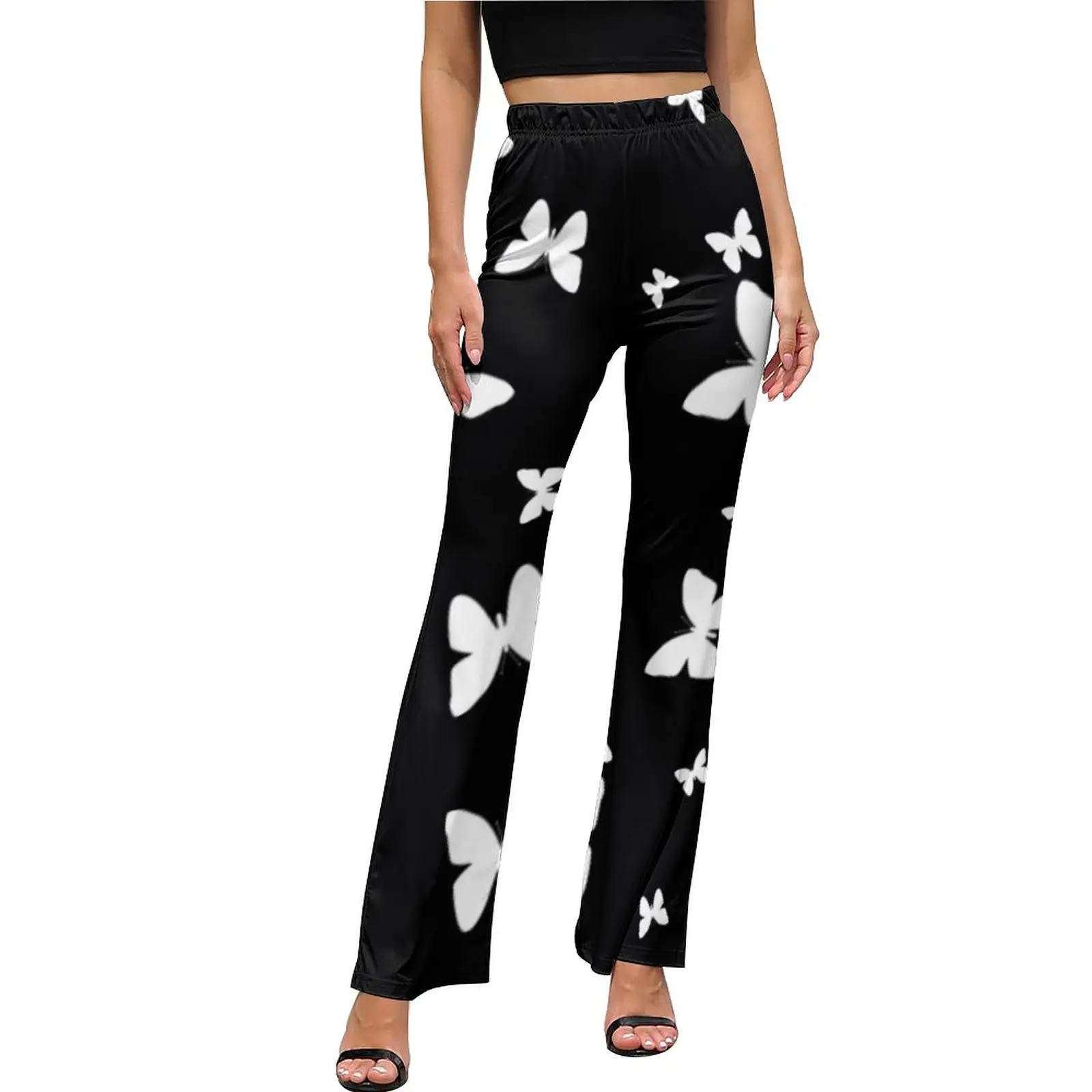 

Butterfly Pattern Pants Elastic Waist Black White Butterflies Sexy Workout Flared Trousers Women Print Street Wear Slim Pants