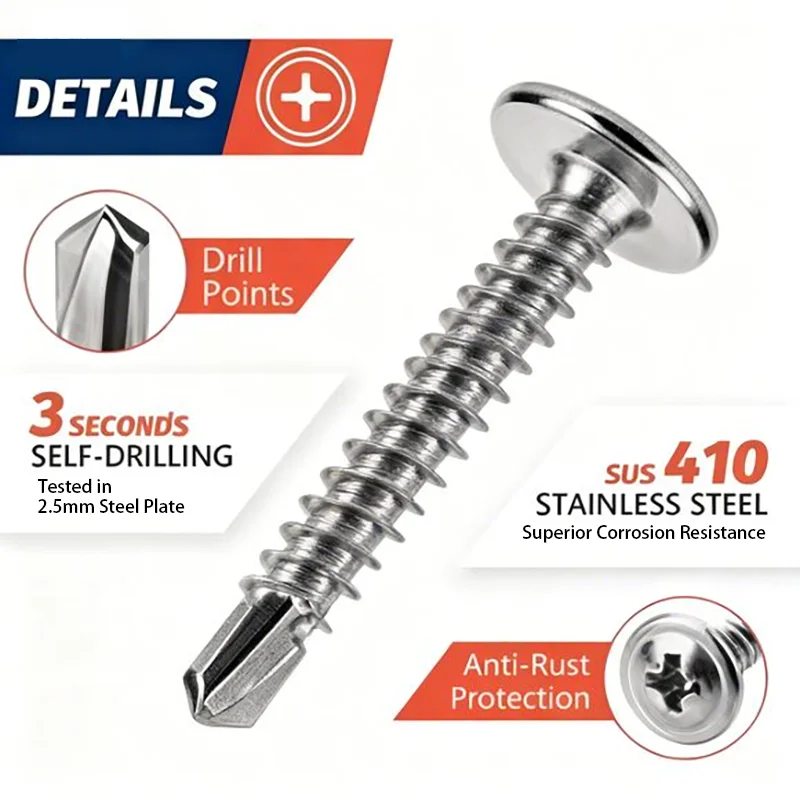 

210pcs 4.2mm #8 Stainless Steel 410 Cross round Head Machine Screw Set High Strength Frame Head for Thin Metal Plates and DIY