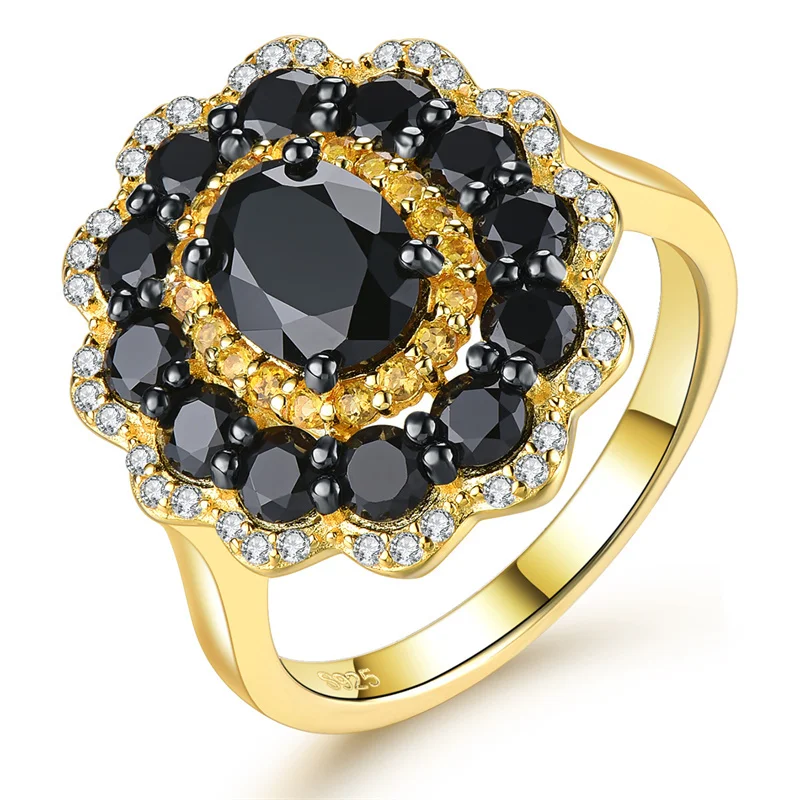 

Natural Black Spinel Citrine Silver Rings Gemstones Yellow Gold Plated Women's Classic Fine Jewelry Christmas Gift