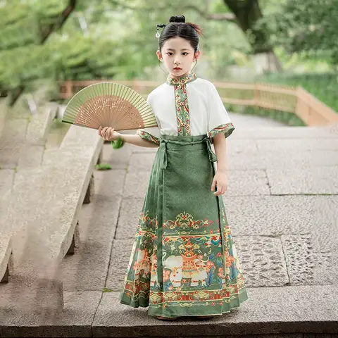 Girls Hanfu Mamian Qun Ming Dynasty Weaving Gold Horse Face Skirt Chinese Traditional Ancient Hanfu Swing Student Uniforms