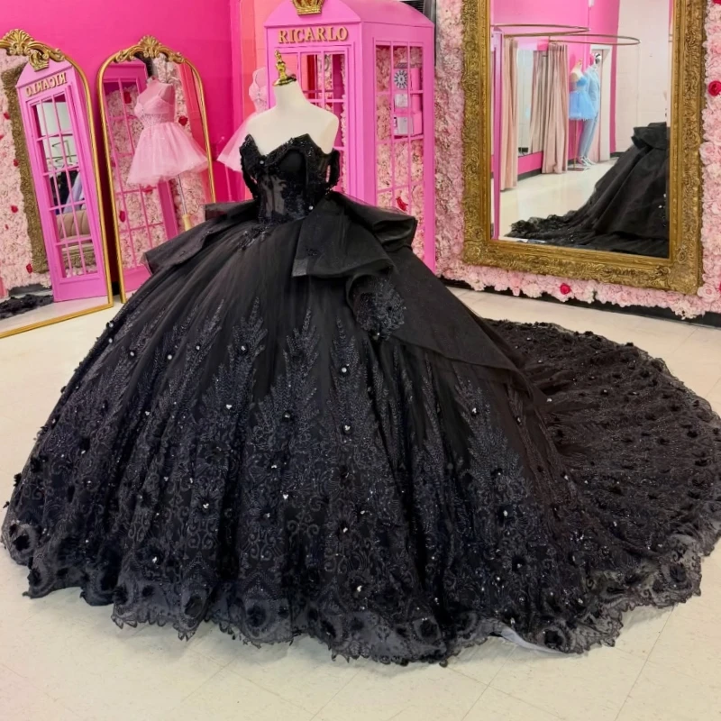 

Black Shiny Quinceanera Dresses Off The Shoulder Applique Flower Beading Crystal Bow Corset Party Birthday Sweet 16 Dress Vestid