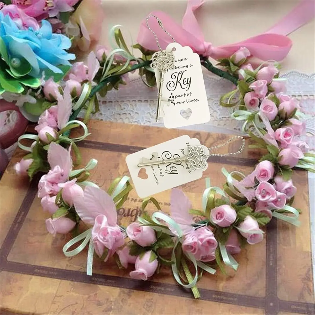 1set Vintage-Style Key Bottle Opener Wedding Favor Set (Includes Place/Thank-You Cards & Chains)
