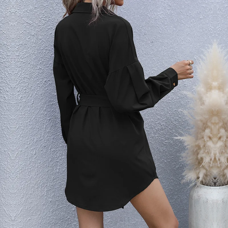 2025년 봄 신상 여성 출퇴근룩 솔리드 컬러 레트로 슬림핏 긴팔 턴다운 칼라 캐주얼 블랙 미니 셔츠 원피스