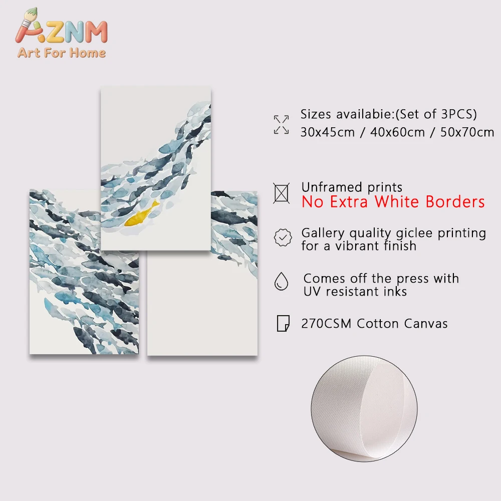 3pcsAZNM Blue Watercolor School Of Fish Abstract Canvas Wall Art Minimal Gold Accent Ocean Fish Swarm Ink Painting Giclee Print