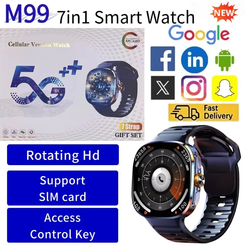 New M99 Smartwatch 5G SIM Card 2.4 Inch AMOLED Android OS Rotary Camera GPS WiFi Bluetooth for Hiking Cycling Business Men Women