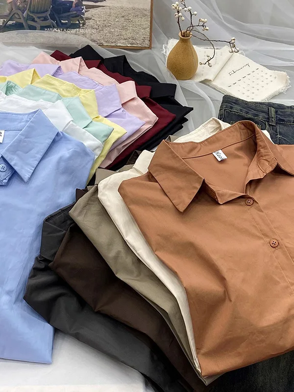 

Slimming Long Sleeve Shirt Women's Basic Casual Loose Layering Design Spring Autumn Elegant Top Polyester Fabric Thin Model