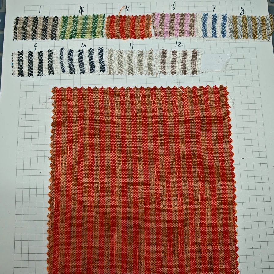 High-end natural fabric 100% linen 14S yarn-dyed strips linen fabric of shirt, trousers, and suit clothing available