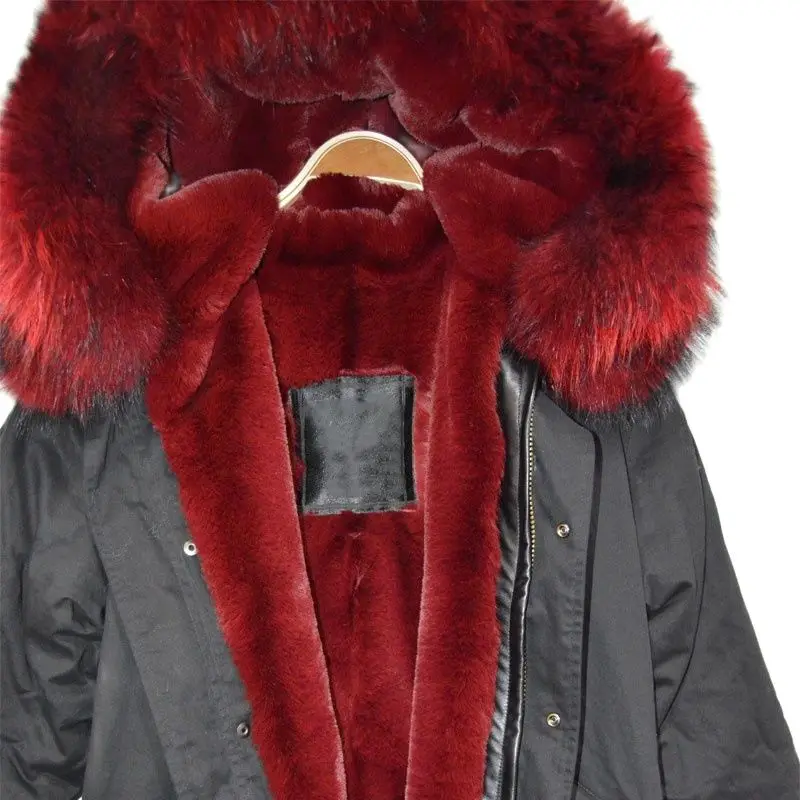 Winter Attractive Advanced Burgundy Faux Fur Lined Parka Black Short Style Coat For Women And Men