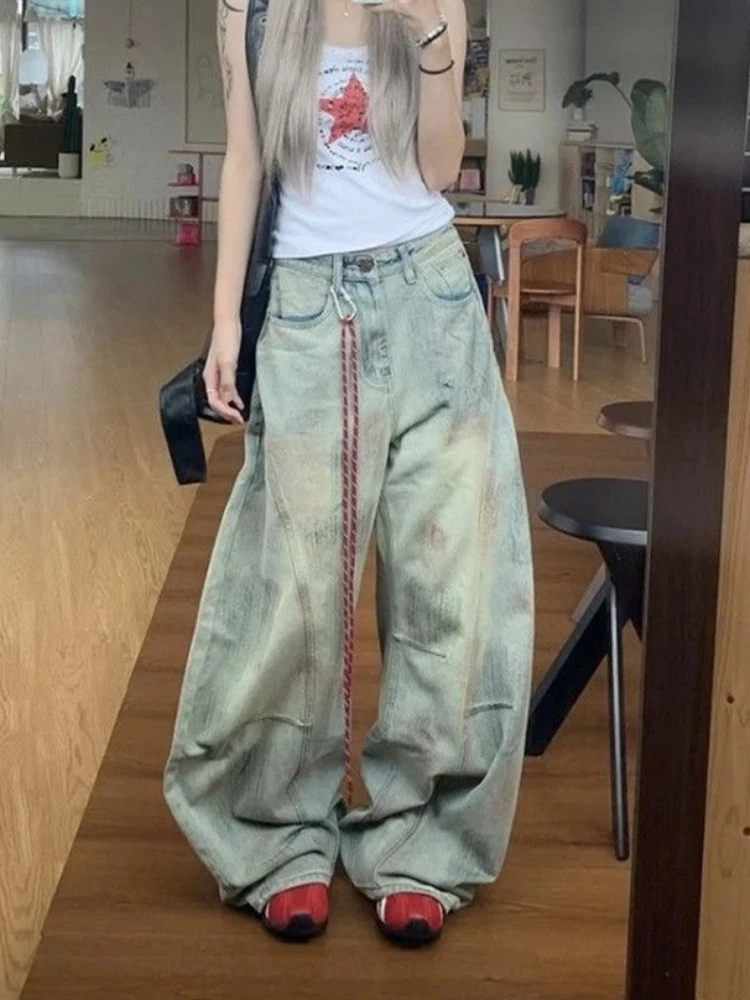 

Осенние эстетические джинсовые брюки в японском стиле 2000-х годов в стиле Харадзюку, женские голубые уличные винтажные мешковатые джинсы-карго Y2k
