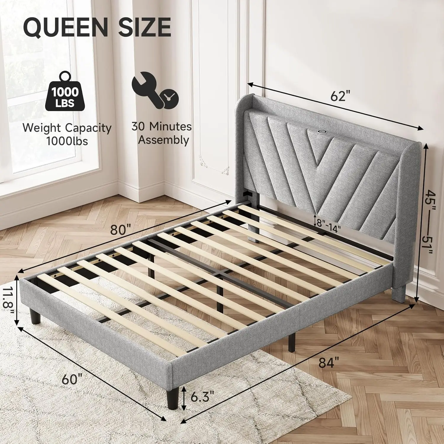 Large adjustable cushioned platform bed frame with Type-C and USB ports, no need for box springs, no noise, light gray