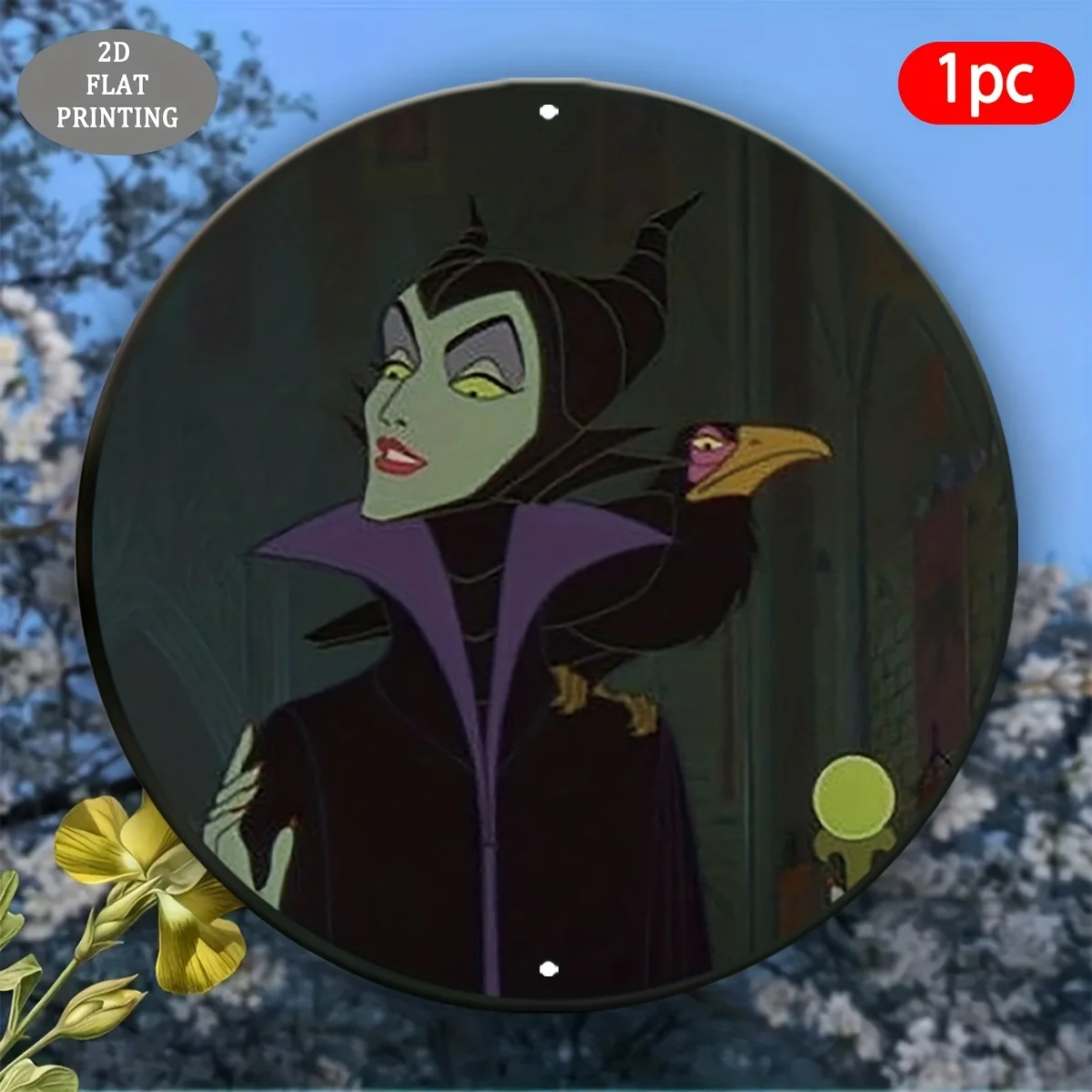 Letrero de aluminio redondo 2D plano, 1 pieza, bruja negra y cuervo, decoración de pared plana 2D con colores vibrantes, decoración duradera para exteriores/interiores