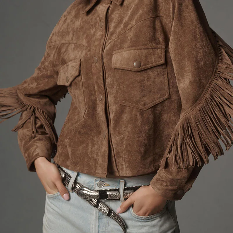 

Vintage-inspired Fringe Short Jacket Versatile Stylish Coats Lapel Pockets Casual-chic Autumn Wear Timeless Women's Outerwears