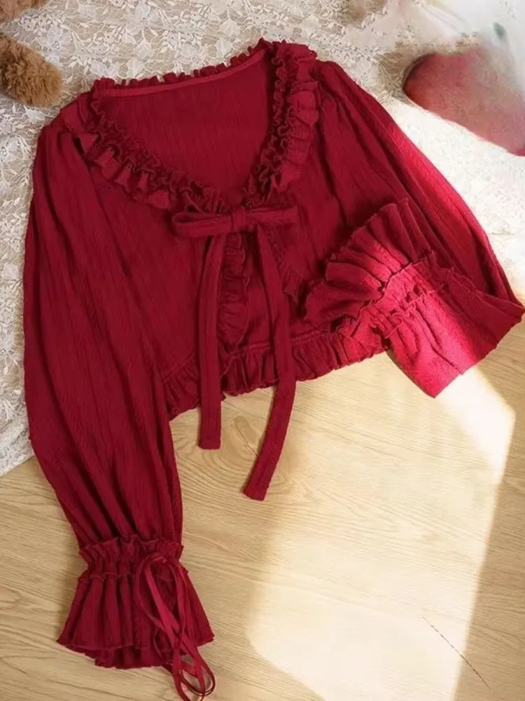 Japanese Lolita Shirts Long Sleeve Solid Ruffles Patchwork Lace-up Design Blouses All Match Crop Tops Y2k Sweet Women Clothing