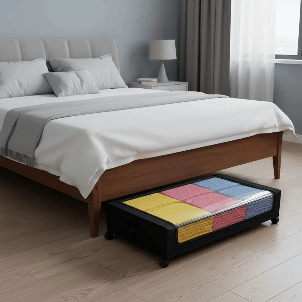 

Large Capacity ​​Under Bed Storage Box Space Saving Curved Style Quilts Clothing Storage Box with Wheels Dust-Proof Underbed Bin