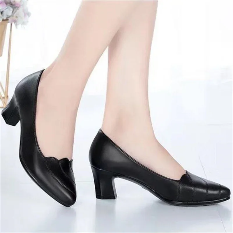 Spring Autumn High Heels for Women British Ladies Shoes Slip-On Pumps Fashion Block Heel Loafers Breathable 2024