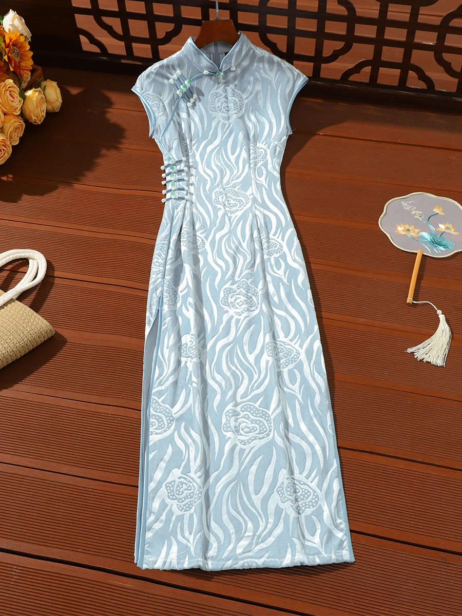 

Элегантный синий бархатный свитер-ципао в винтажном гонконгском стиле, приталенный, красивый, для повседневной офисной носки, весна 2026, новая модель