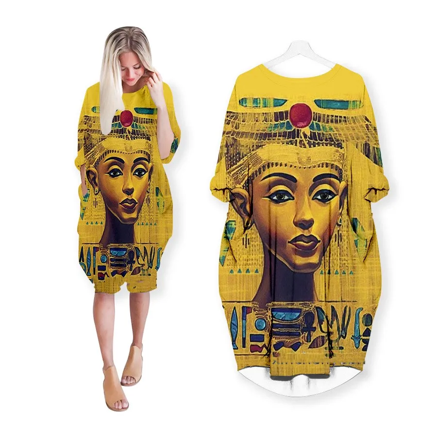 

3d Print Egyptians Dresses Fashion Casual Dress Plus Size Women Clothing Pocket Long Sleeve Fat Sister Top Shirt Summer