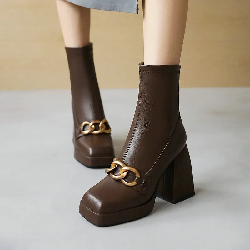 Winter Girls High Heel Shoes Women Leather Ankle Boots Women Round Toe Thick Heel Platform Shoes High-heeled Boots Women Boots