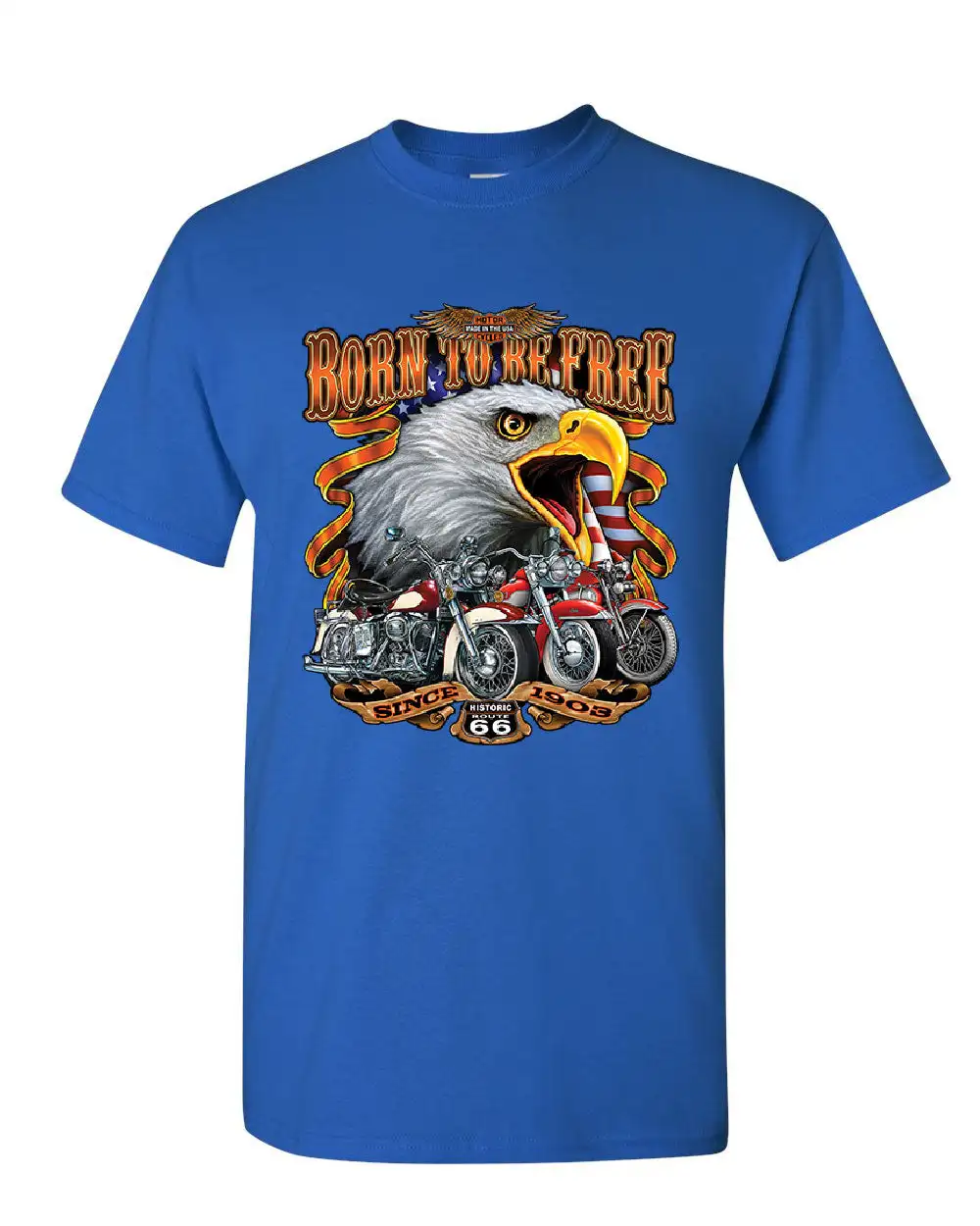 Born To Be Free Historic Route 66 Bald Eagle Motorcycle T-Shirt 100% Cotton O-Neck Short Sleeve Summer Casual Mens T-shirt - Image 4