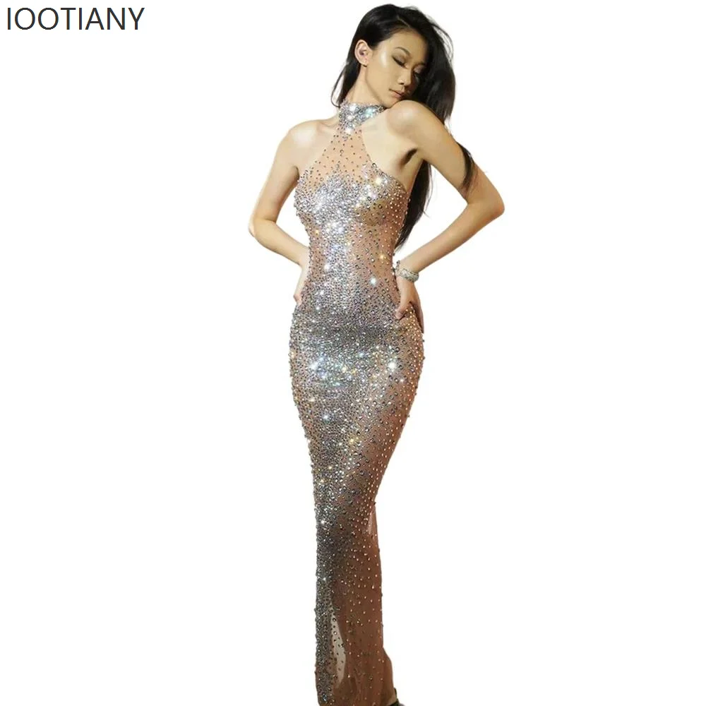 

Women's Sparkling Rhinestone Sleeveless Sexy Mesh See-through Bodycon Fishtail Dress For Masquerade Parties Stage Performances
