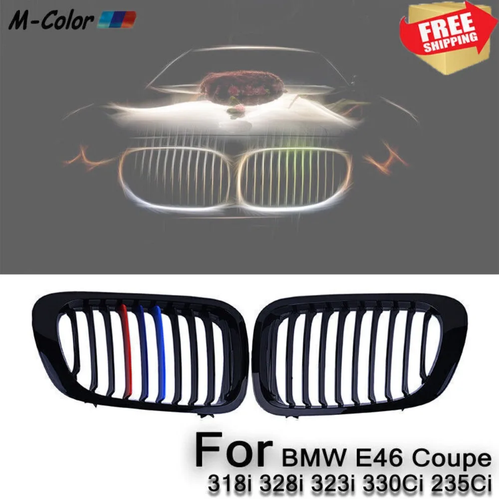 2x M-color Gloss Black Car Front Bumper Kidney Grilles Grill Fit for BMW 3 Series E46 M3 3-Series 1998-2001 Pre-facelift