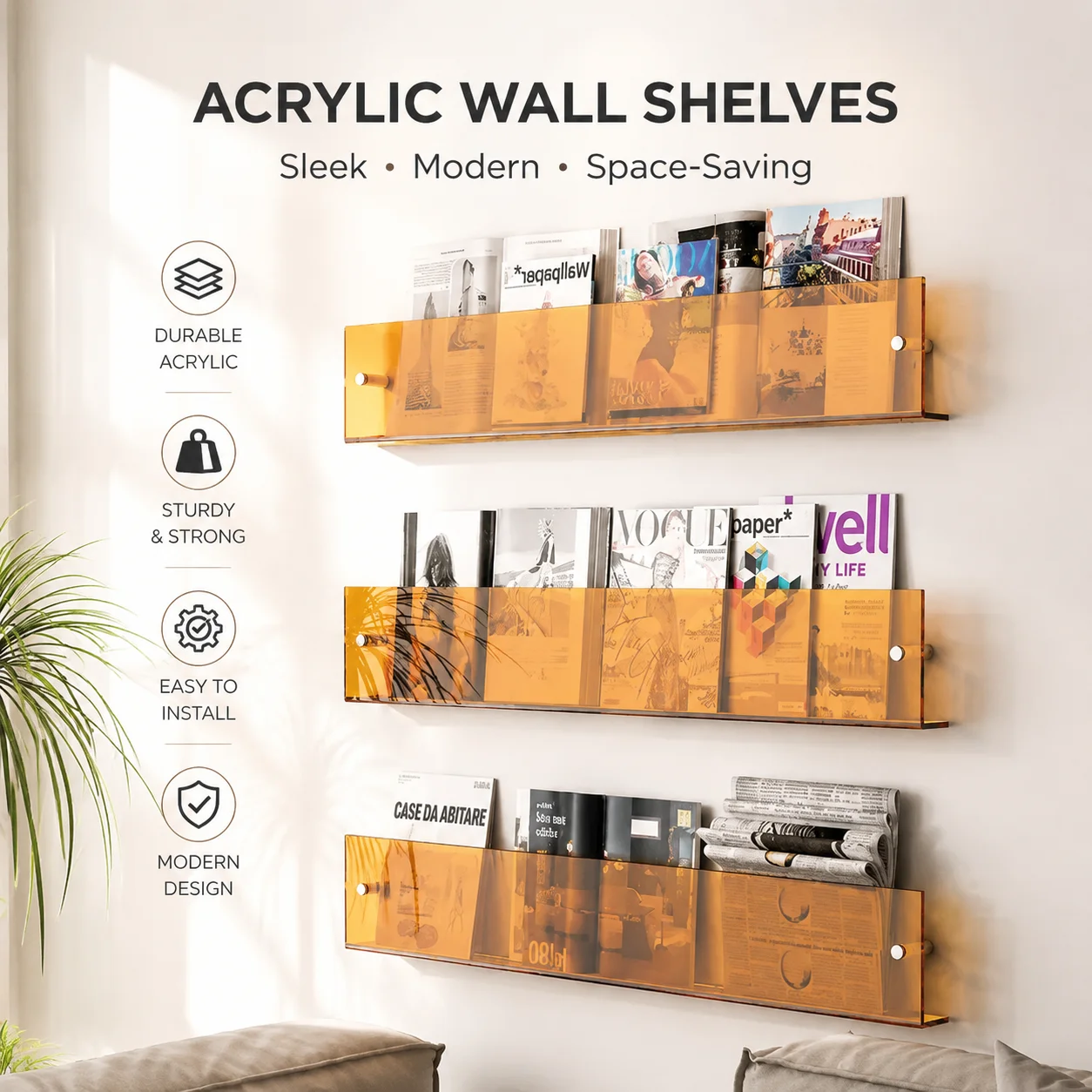 Acrylic Wall-Mounted Display Rack for Figures, Comics, Magazines & Newspapers – Clear Vertical Shelf Organizer