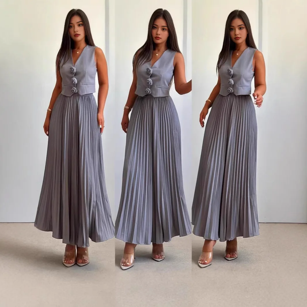 Set di vestiti casual da ufficio da donna 2 pezzi, canottiera senza maniche con bottoni, tinta unita e gonna lunga a pieghe